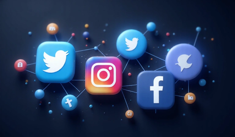 Une illustration de bulles de médias sociaux flottantes avec les logos de Twitter, Instagram et Facebook sur un fond sombre.