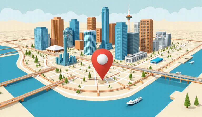 Une illustration d'une carte stylisée avec un marqueur d'emplacement indiquant le centre de Montréal, avec des points de repère emblématiques.