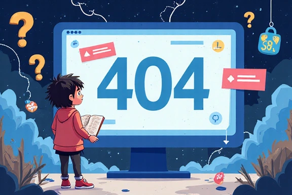 Illustration d'une page 404 avec un personnage perdu dans un labyrinthe digital